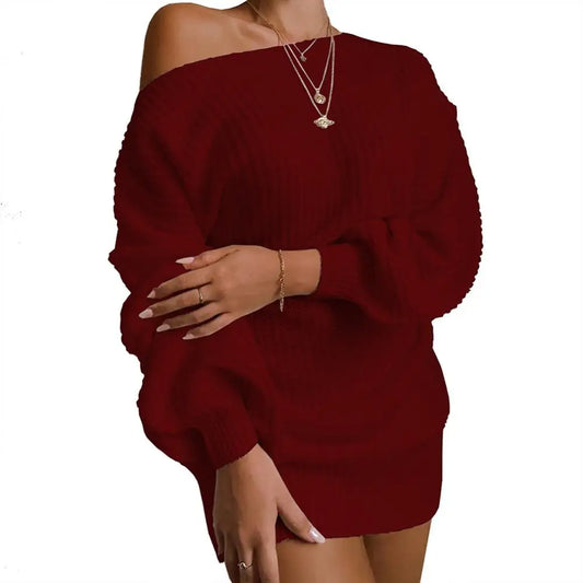 Womens Dresses Spring Fashion Cold Shoulder Lantern Sleeve Casual Plain Long Sleeve Daily Mini Knit Sweater Dress Woman Clothing