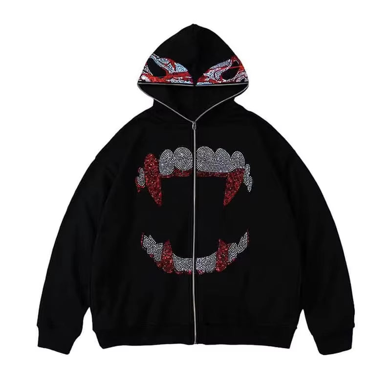 Autumn Fashion Punk Y2K Gothic Grunge Rhinestones Teeth Zip up Hoodies Long Sleeve Coat Sweatshirt Jacket Streetwear