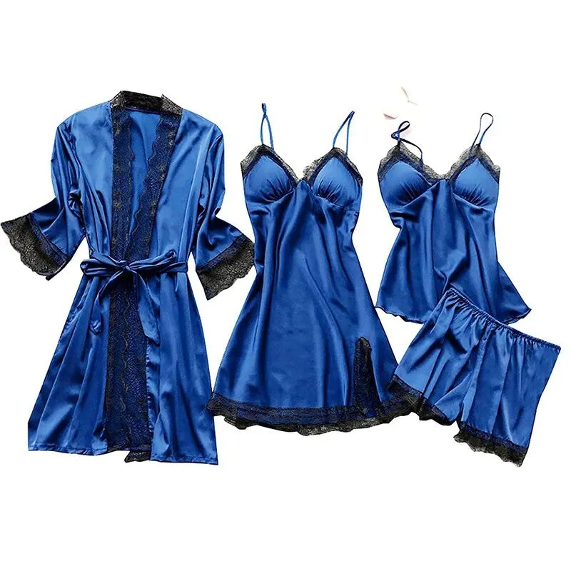 4PCS Sleepwear Pajamas Set Silk Women Nightdress Lace Dress Robe Sleep Nightwear Silk Solid Color Pijama Sets