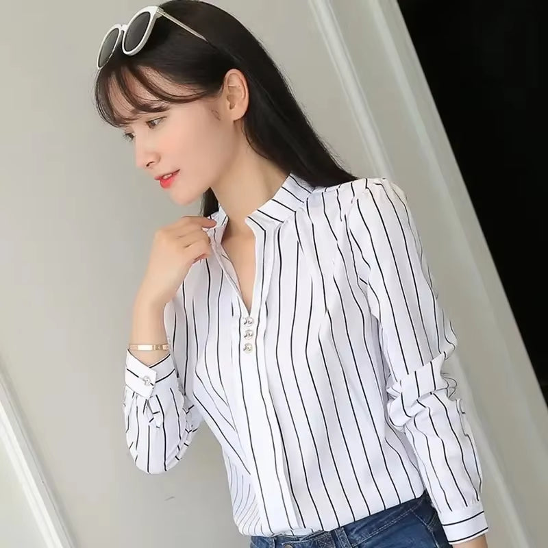 Women White Tops Blouses Fashion Stripe Print Casual Long Sleeve Office Lady OL Shirts Slim Blusas DF4970