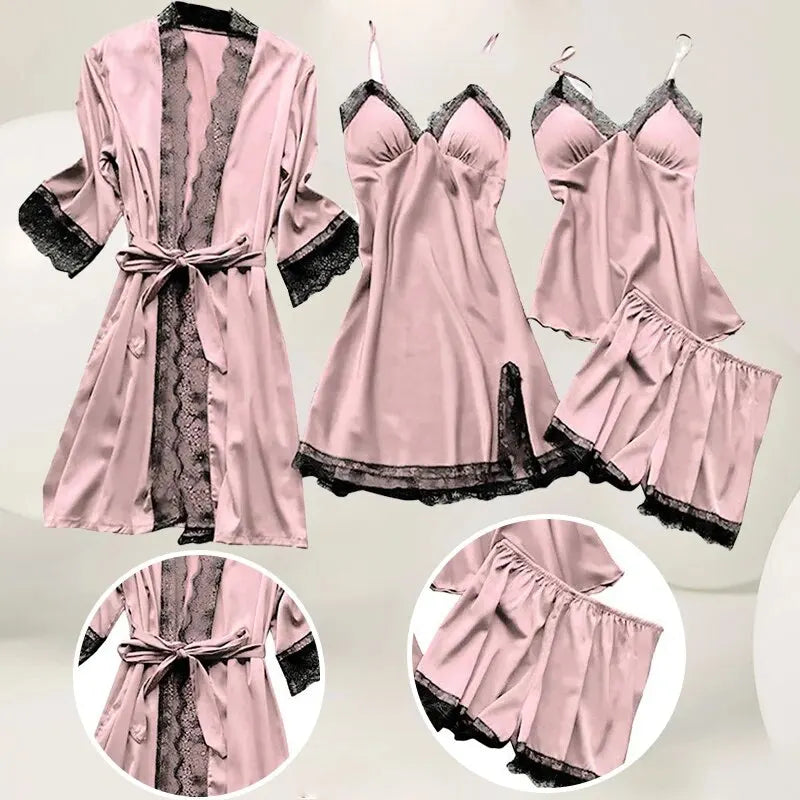 4PCS Sleepwear Pajamas Set Silk Women Nightdress Lace Dress Robe Sleep Nightwear Silk Solid Color Pijama Sets