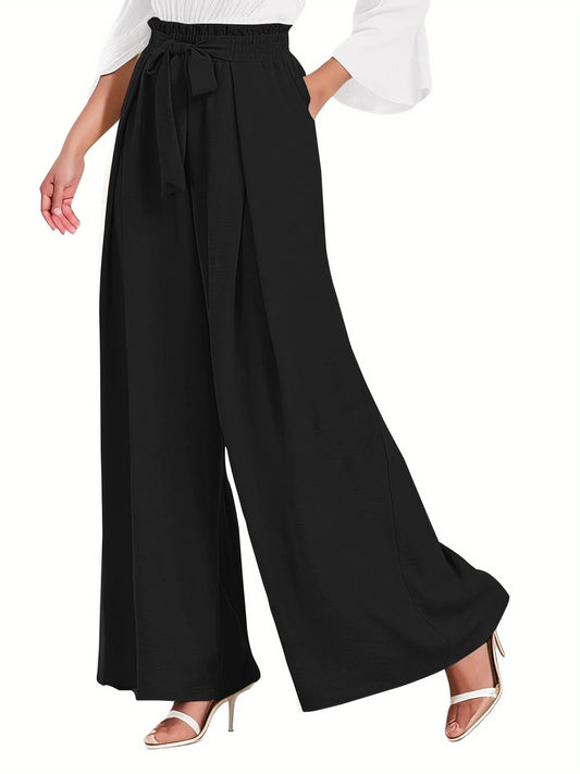 Womens Wide Leg Lounge Pants with Pockets High Waisted Adjustable Tie Knot Loose Casual Trousers Dress Work Pants