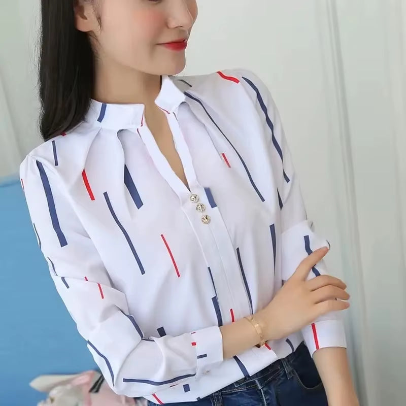 Women White Tops Blouses Fashion Stripe Print Casual Long Sleeve Office Lady OL Shirts Slim Blusas DF4970